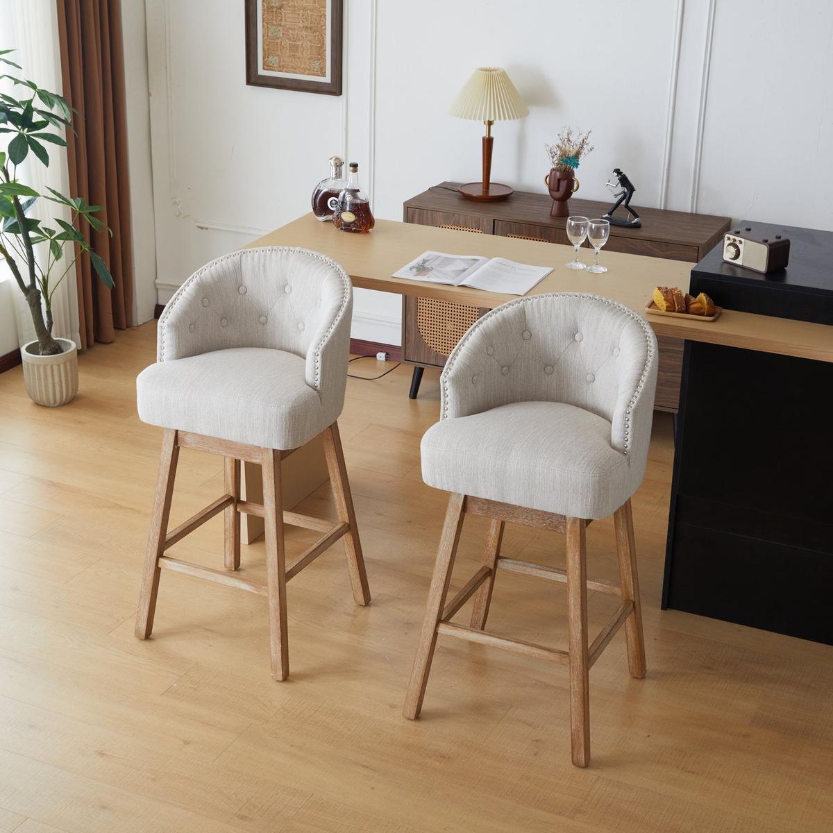 33.25" Swivel Counter Stools Set of 2, Upholstered Counter Height Bar Stools with Solid Rubber Wood Frame, Backrest, Footrest, Armless Barstools for Home Bar, Kitchen Counter, Natural + Beige