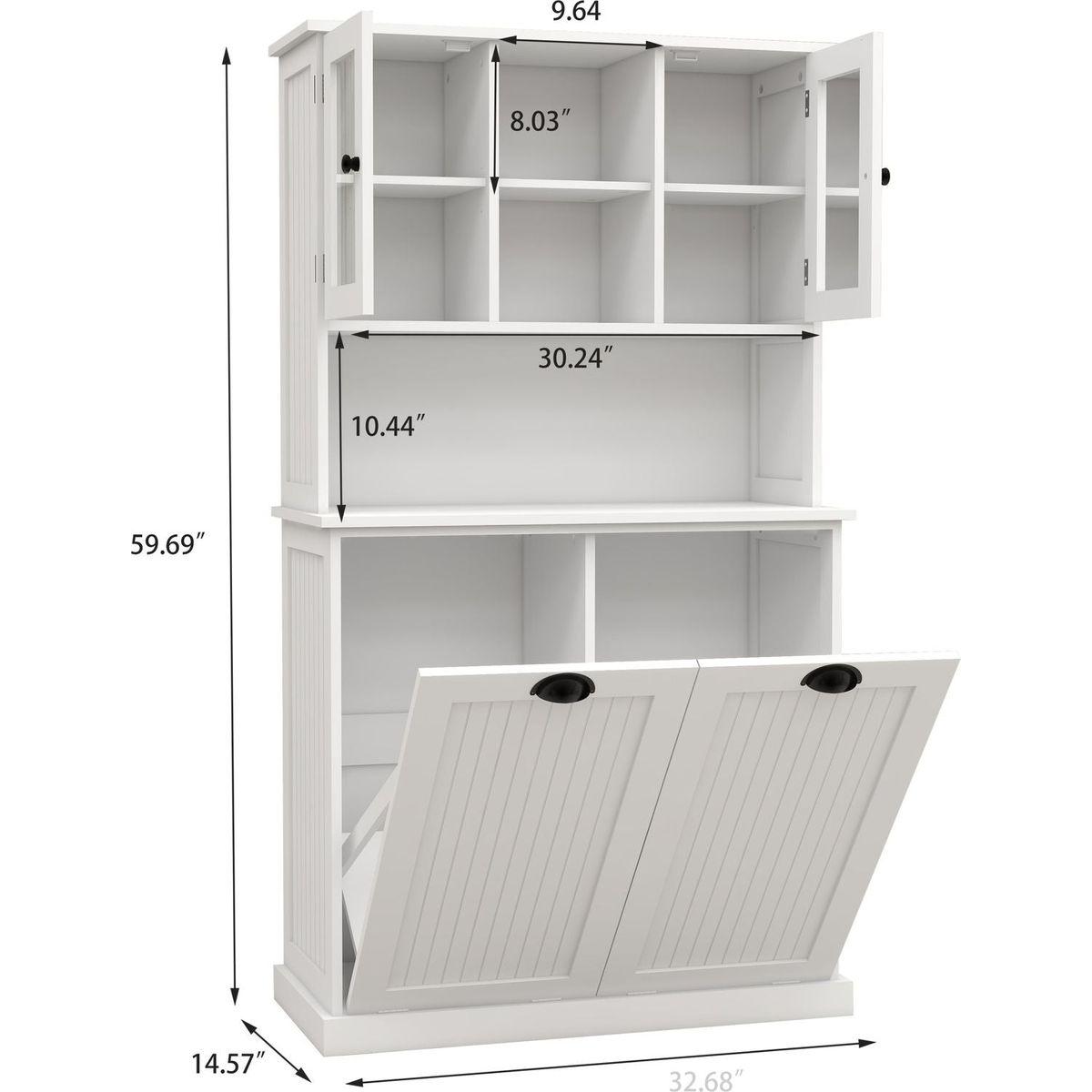 Two-Compartment Tilt-Out Dirty Laundry Basket Tall Bathroom Cabinet with 2 Adjustable Shelves-White