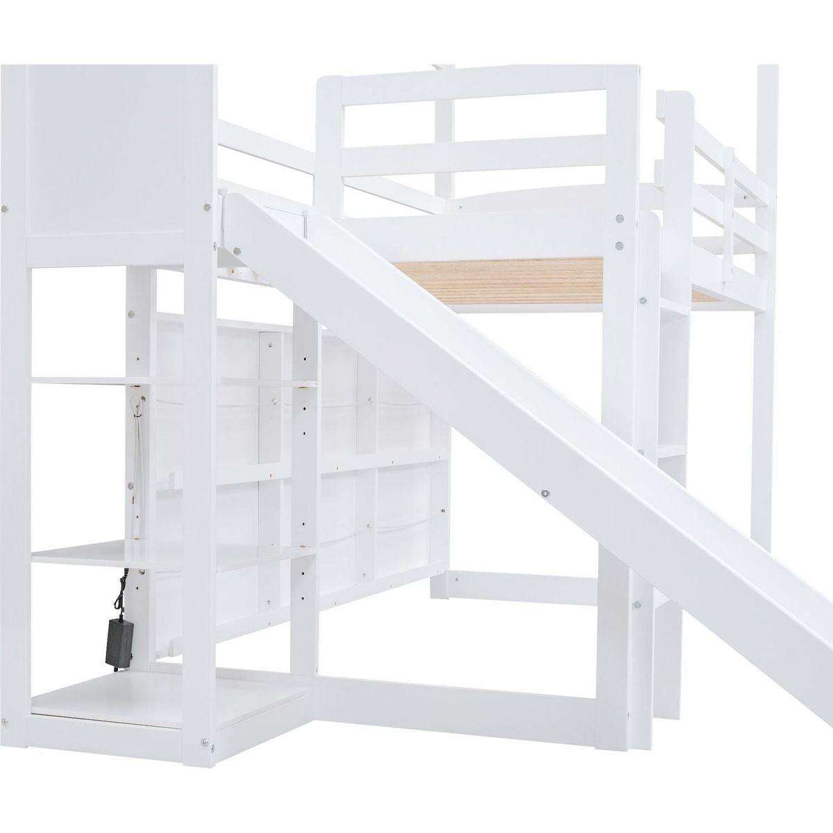 Twin Size Wood House Loft bed with Slide, Storage shelves and Light, White