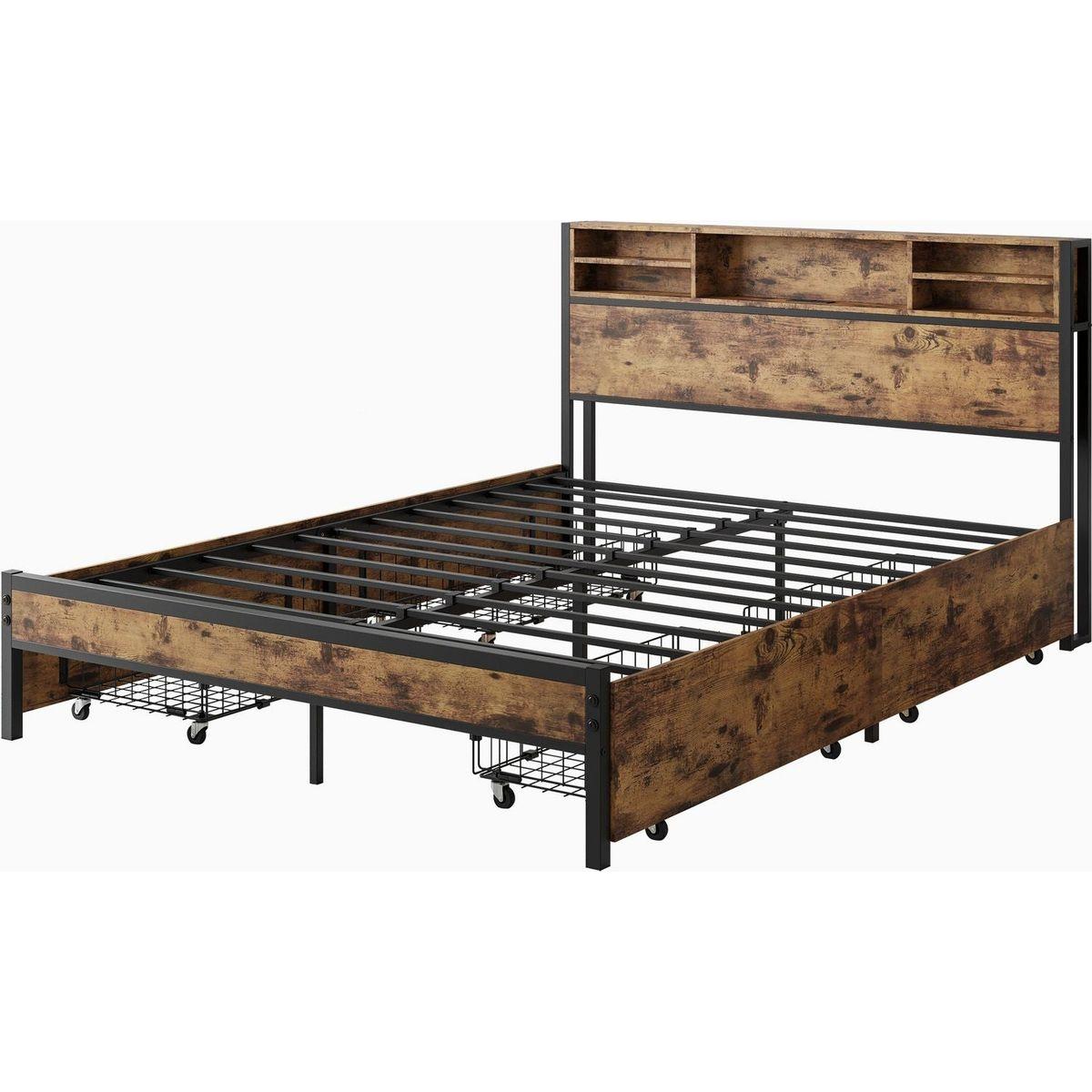 Queen Bed Frame with Storage Headboard and 4 Drawers