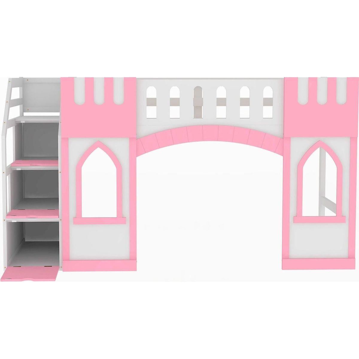 Twin Size Loft Bed with Storage Staircase and Window, Pink