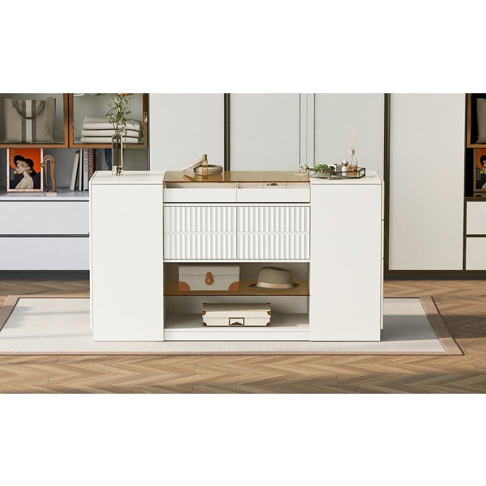 Modern Luxury Multi-Functional Island Vanity Dresser and Storage Cabinet with Glass Tabletop, Display Shelf,6 Drawers for Walk-in-Wardrobe and Bedroom