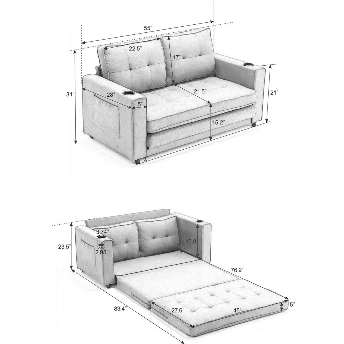 3-in-1 Upholstered Futon Sofa Convertible Sofa bed,Foldable Tufted Loveseat with Pull Out Sleeper Couch Bed,Folding Mattres Love Seat Daybed W/Side Pockets and Cup Holder, Light Gray
