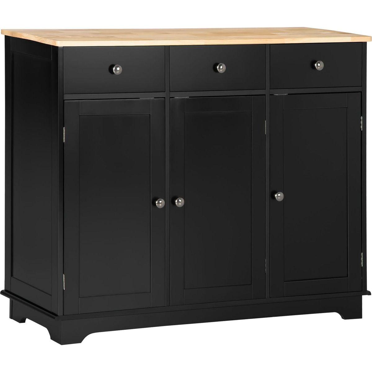 Sideboard with Solid Wood Countertop, Modern Kitchen Storage Cabinet, Coffee Bar Cabinet with 3 Drawers, Doors and Adjustable Shelf, Black