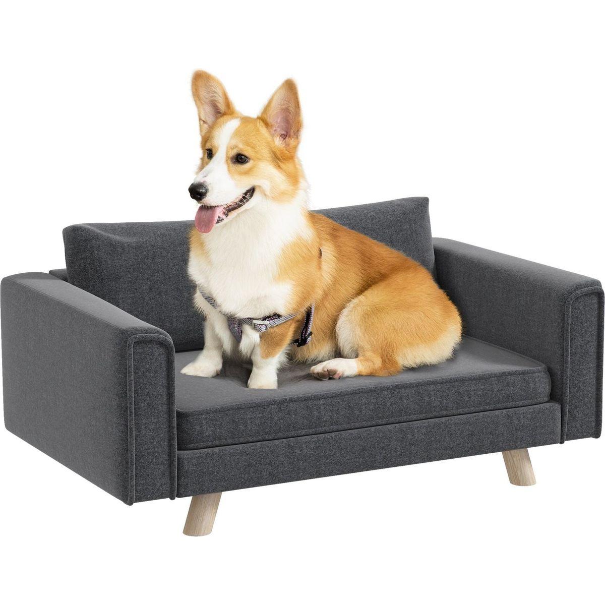 Raised Dog Sofa, Elevated Pet Sofa for Small and Medium Dogs with Removable Seat and Back Cushions, Anti-Slip Pads, Gray