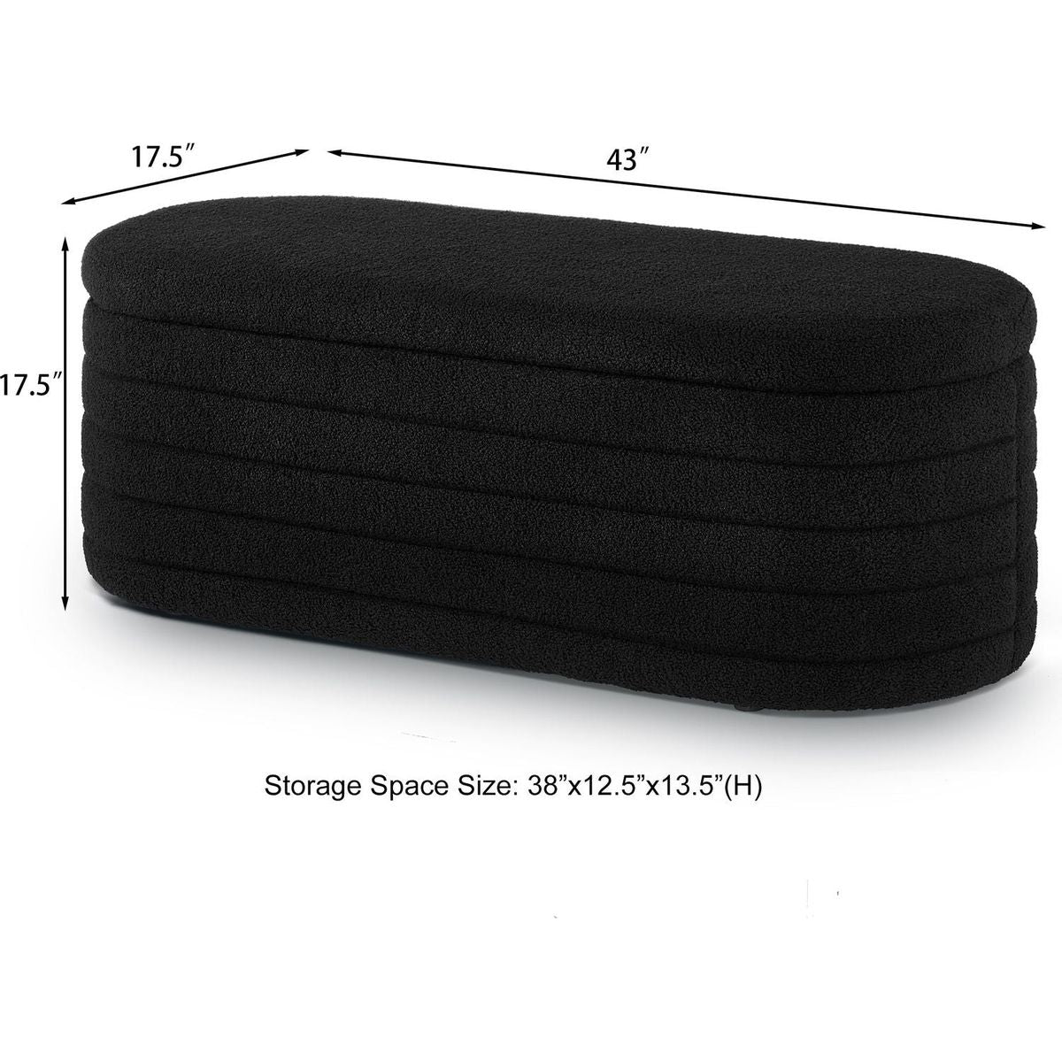 Modern Oval Storage Ottoman Bench, Upholstered Boucle Teddy Fabric End of Bed Bench with Storage, End of Bed Stool with Safety Hinge for Bedroom, Living Room, Entryway, Black