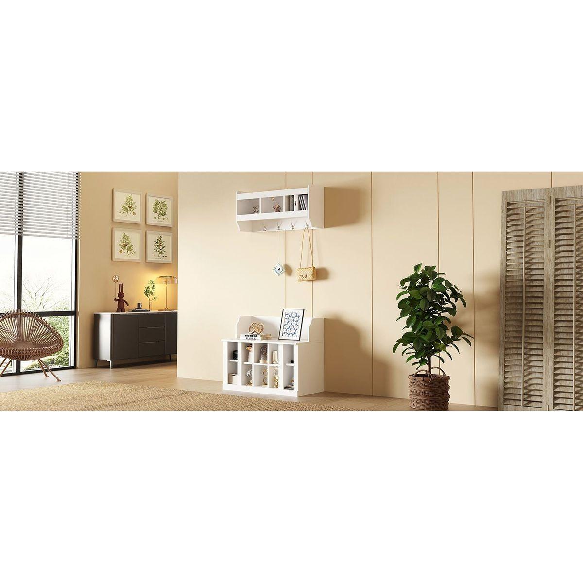 Shoe Storage Bench with Shelves and 4 Hooks, Elegant Hall Tree with Wall Mounted Coat Rack, Entryway Organizer For Hallway, Foyer, Mudroom, White