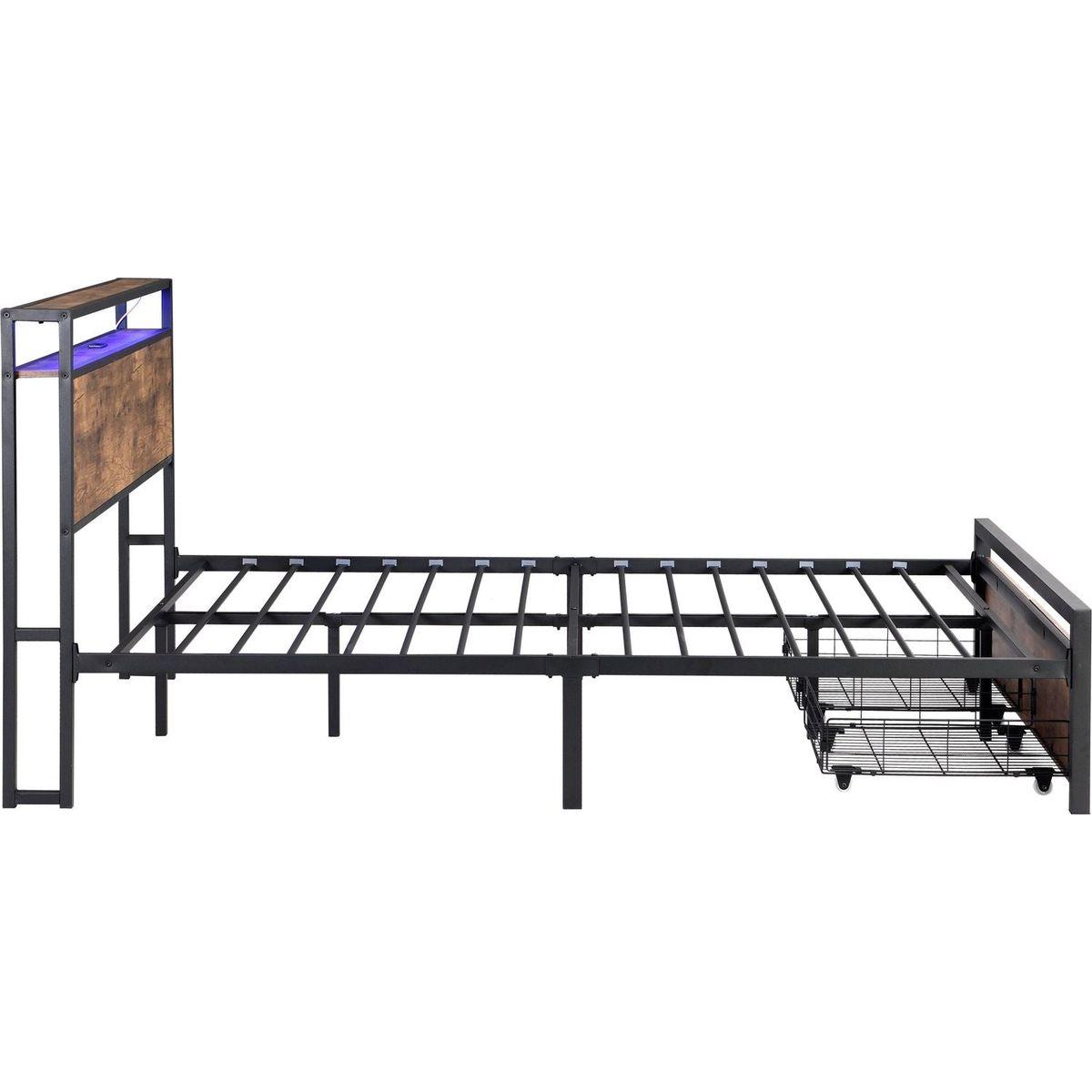 Full Size Bed Frame with Storage Headboard and 2 Drawers, LED Lights Bed with Charging Station, Metal Platform Bed No Noise, Mattress Foundation Strong Metal Slats Support No Box Spring Needed