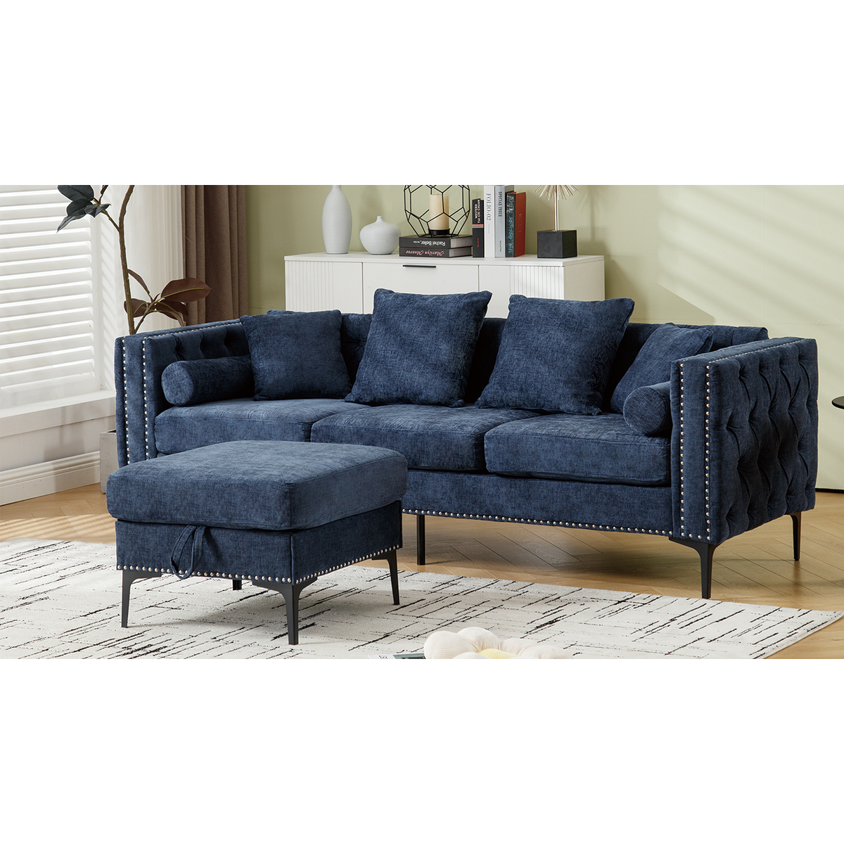 L Shaped Sectional Sofa, Convertible Storage Ottoman,Chenille, Square Arm, Modern Tufted Couch, 3 Seater, And Nailhead,Blue