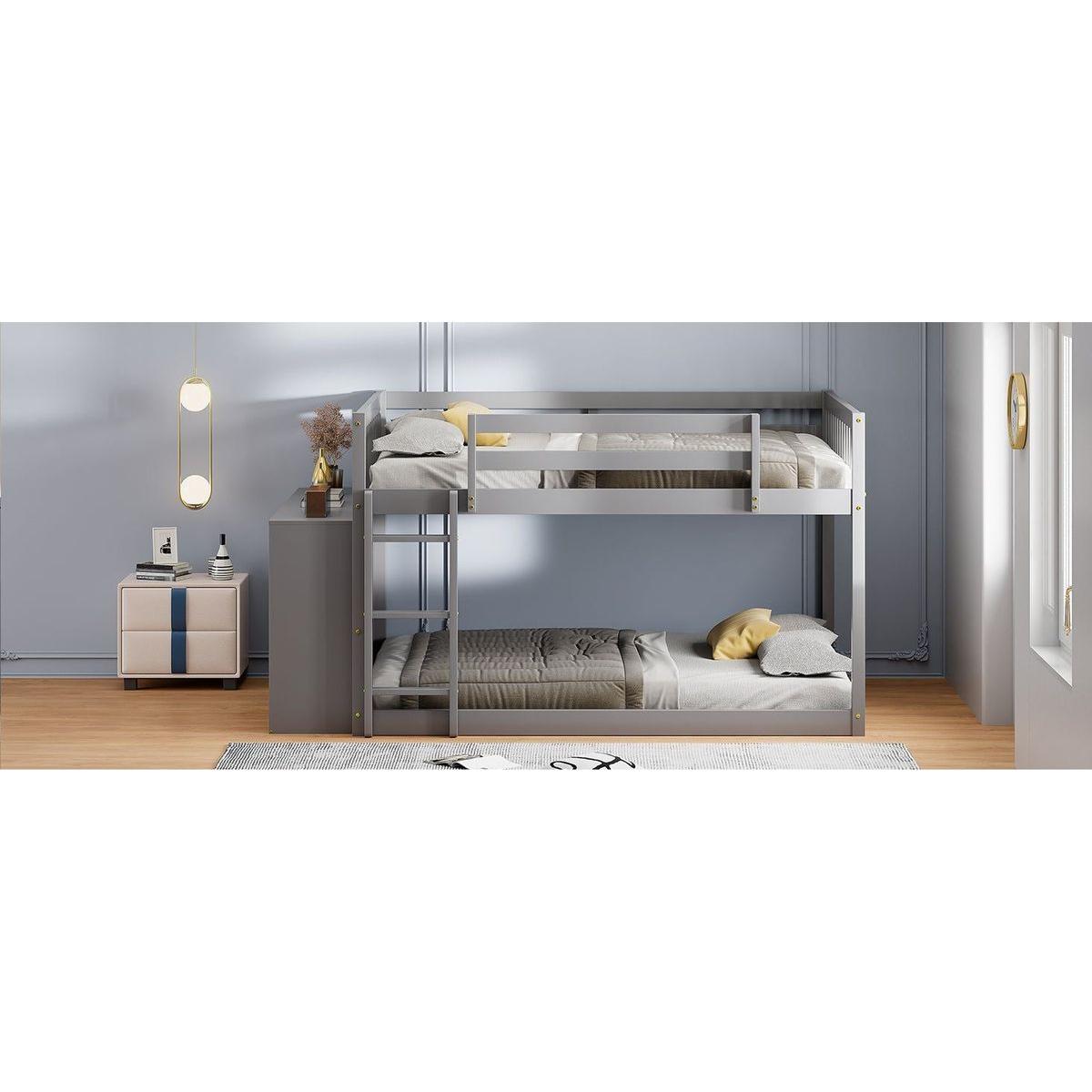 Full over Full Bunk Bed with 4 Drawers and 3 Shelves-Gray