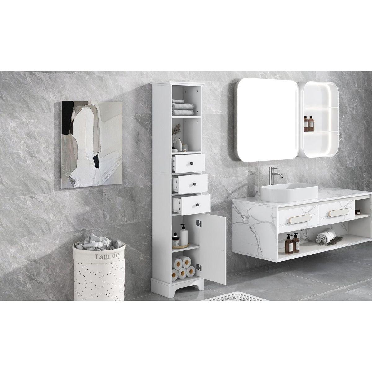 White Tall Bathroom Cabinet, Freestanding Storage Cabinet with 3 Drawers and Adjustable Shelf, MDF Board with Painted Finish