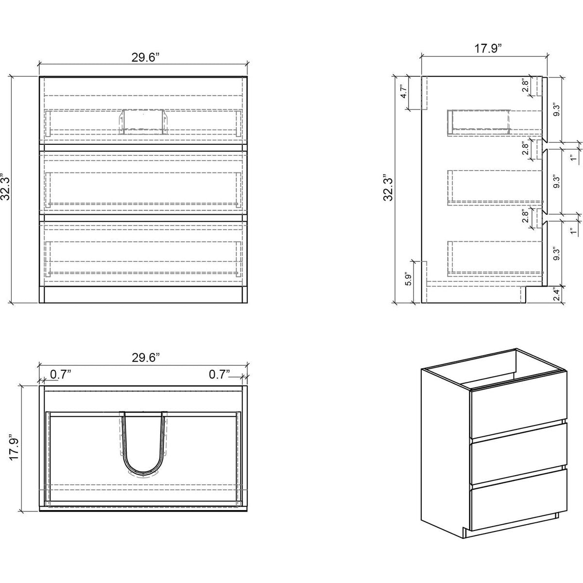 Alice-30F-102,Floor cabinet WITHOUT basin, Gray color, With three drawers, Pre-assembled