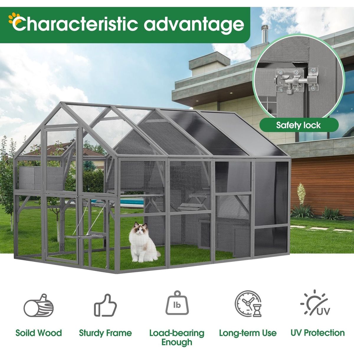 Luxury Cat Cage Outdoor Wooden Catio Enclosure Patio Large Cat Run House for Multiple Pets Walk in Kitten Kennel with Bouncy Bridge, Platforms, Small Houses, Seating and Sunshine Panel- 108.7", Gray