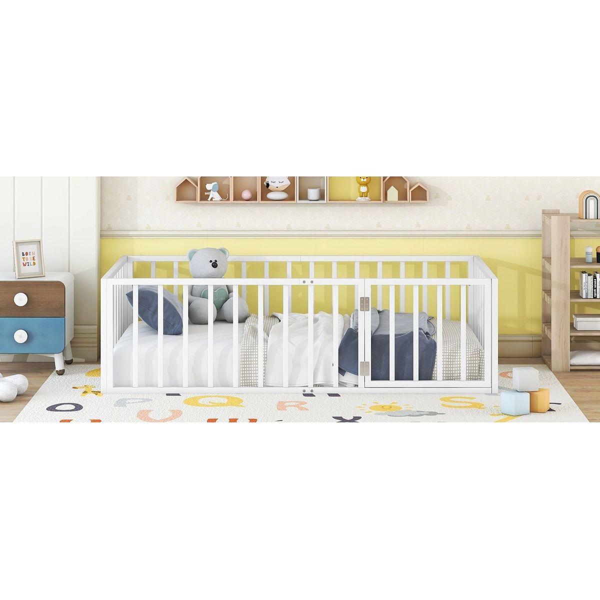 Twin Size Metal Floor Bed Frame with Fence and Door, White