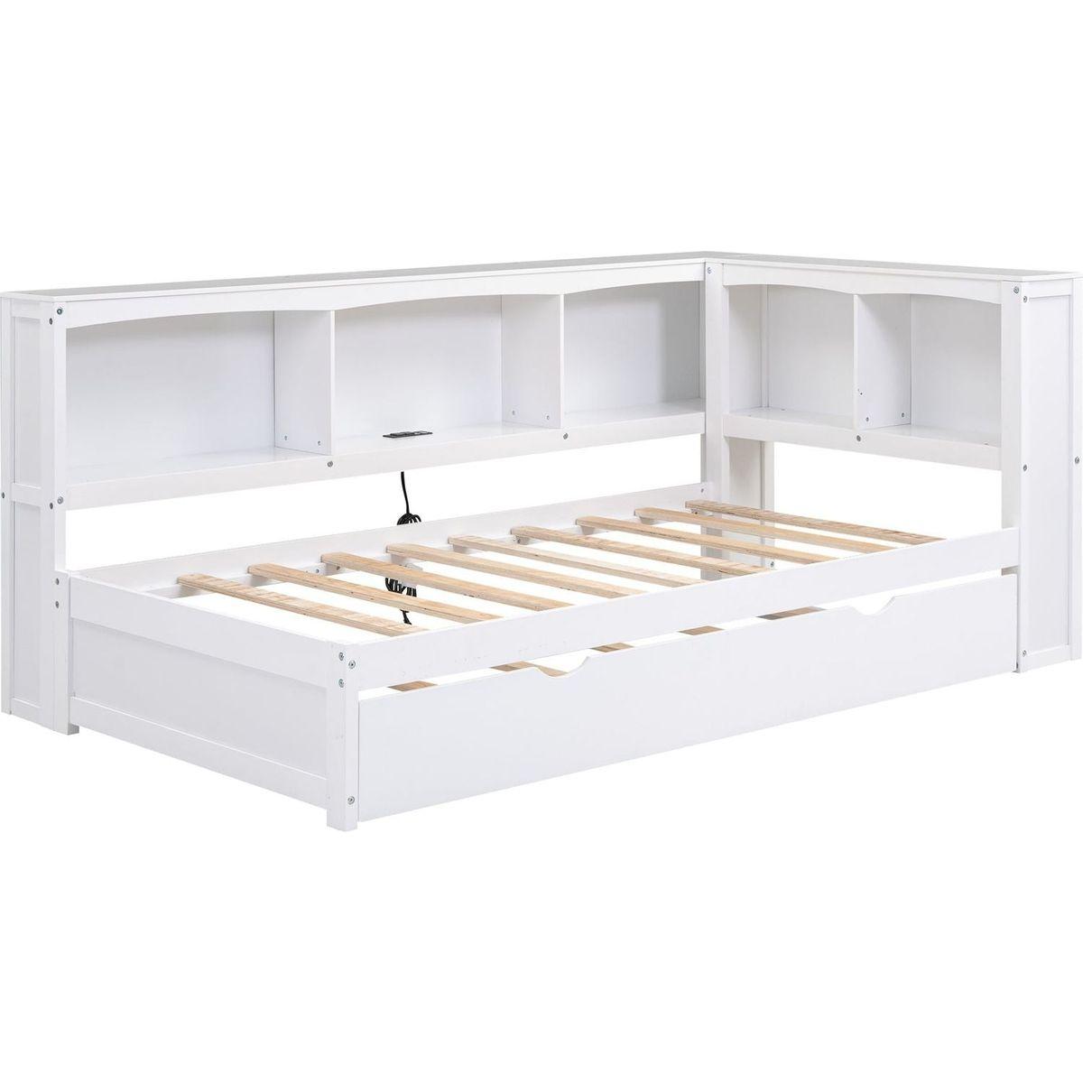 Twin Size Daybed with Trundle, Storage Cabinets and USB Ports, White