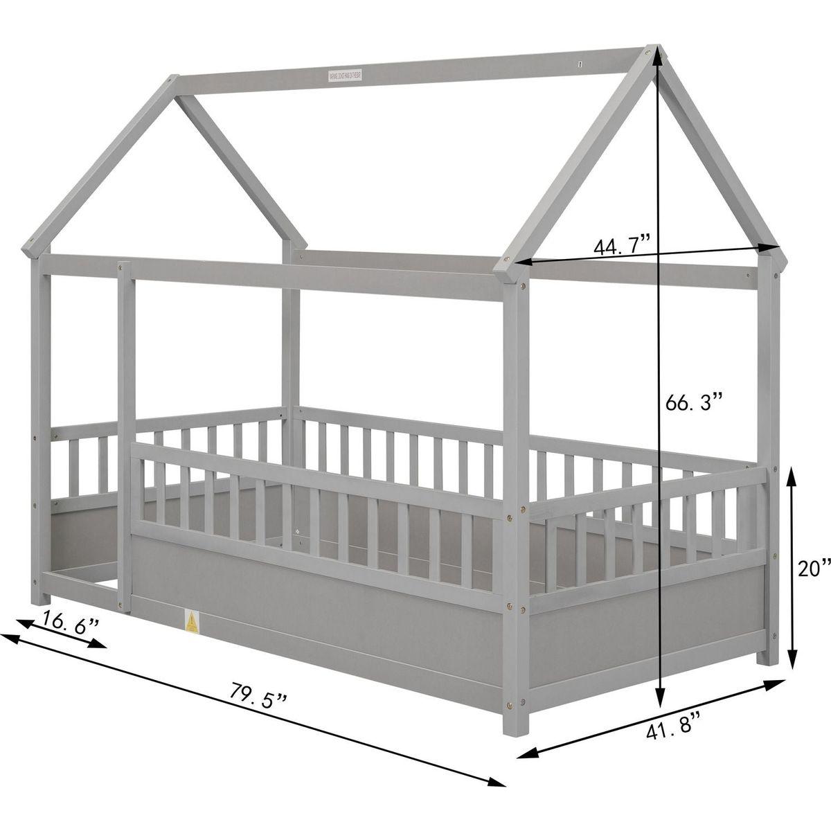 Twin Size Floor Wooden Bed with House Roof Frame, Fence Guardrails,Grey