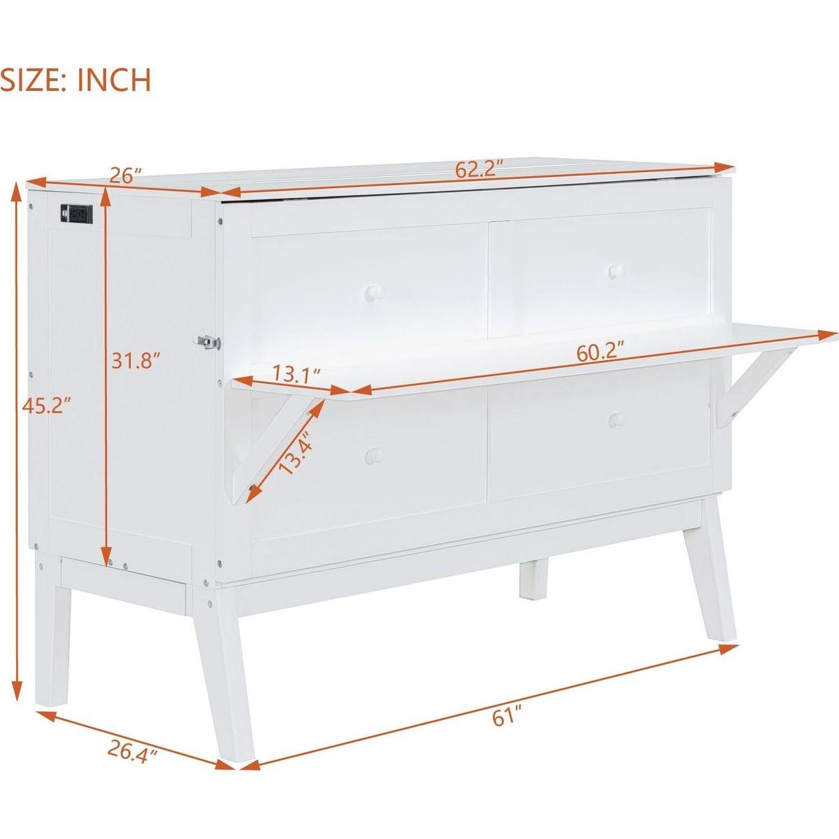 Queen Size Murphy Bed with USB Port and removable Shelves on Each Side,White