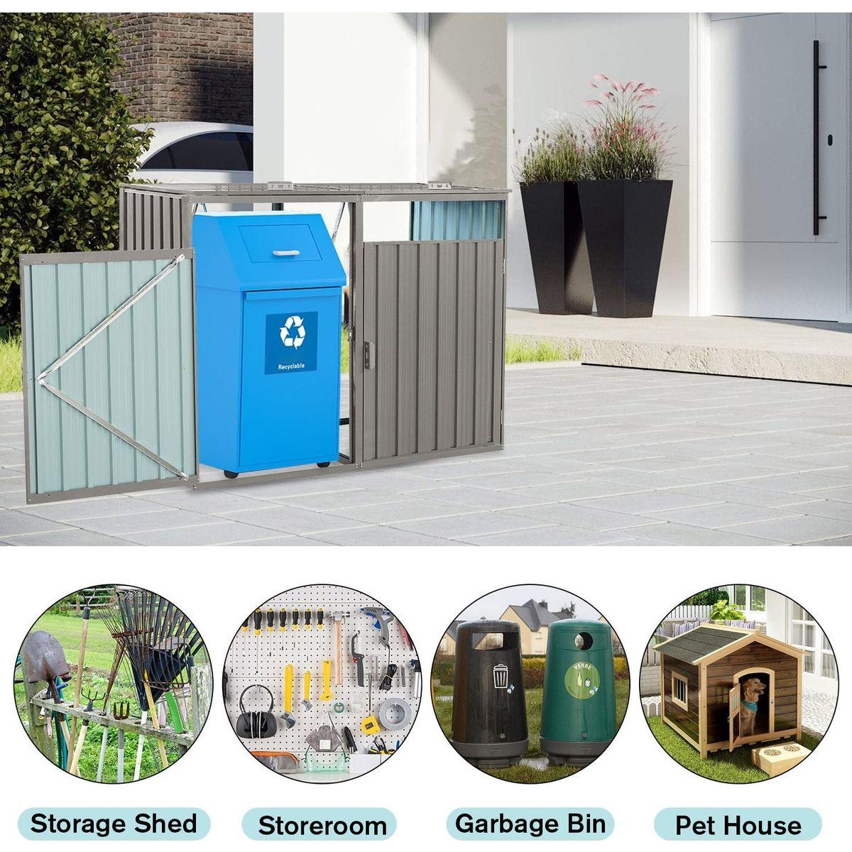 Garbage Bin Shed Stores 2 Trash Cans Metal Outdoor Bin Shed for Garbage Storage,Stainless Galvanized Steel, Bin Shed for Garden Yard Lawn,Grey