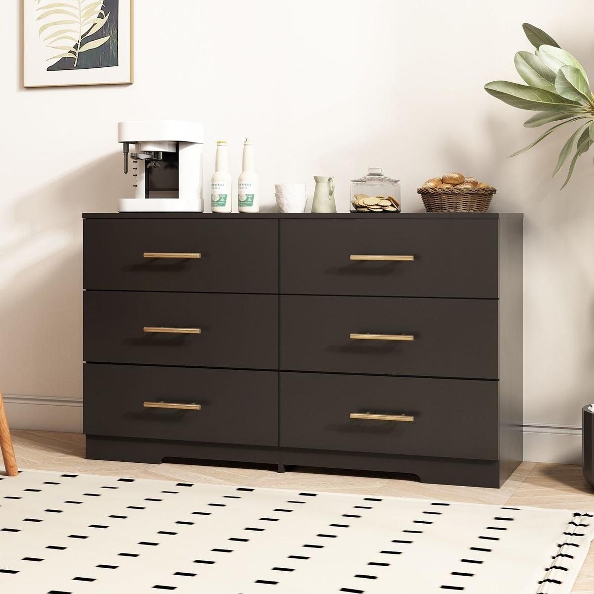 black 6 drawer double dresser Homall Wooden 6 Drawer Dresser for Bedroom, Modern Chest of Drawers, Storage Cabinet Organizer with Metal Handles for Bedroom, Living Room and Closet,
