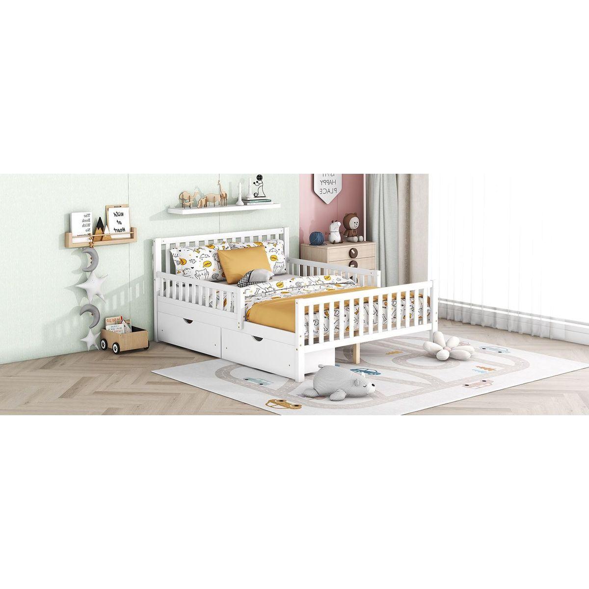 Full Size Wood Platform Bed with Guardrails on Both Sides and Two Storage Drawers, White