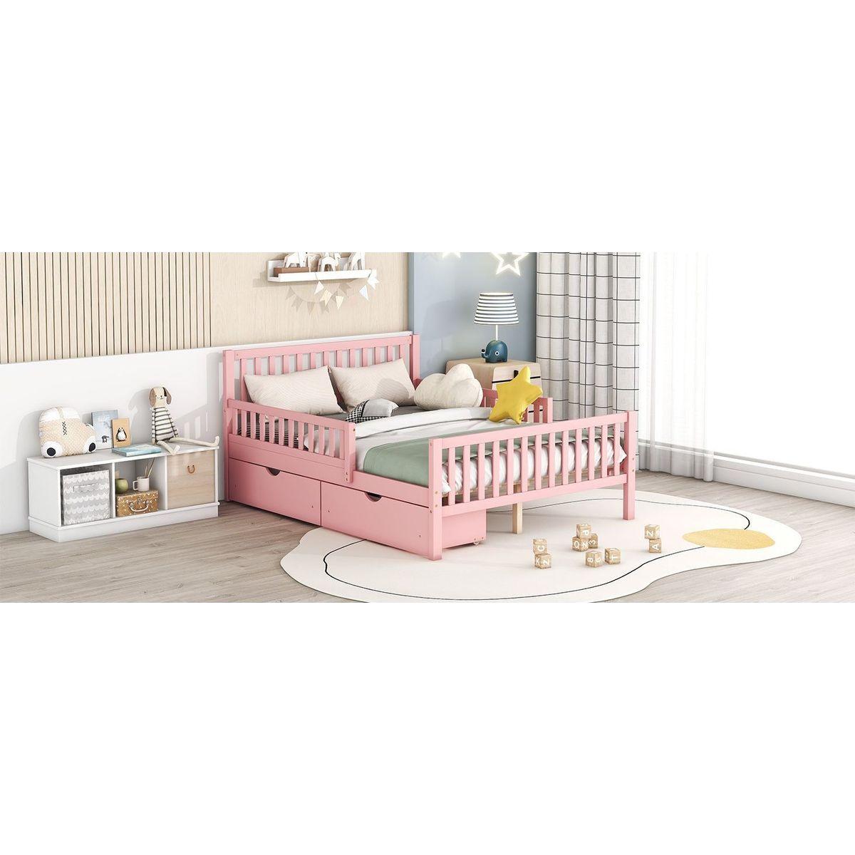Full Size Wood Platform Bed with Guardrails on Both Sides and Two Storage Drawers, Pink