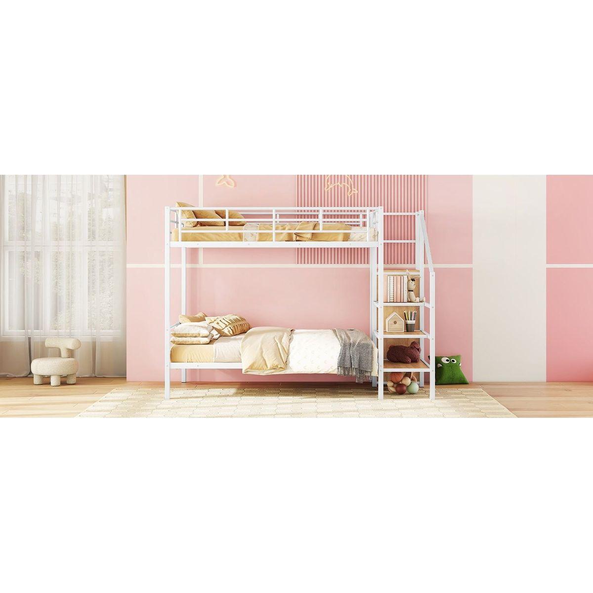Full Over Full Metal Bunk Bed with Lateral Storage Ladder and Wardrobe, White