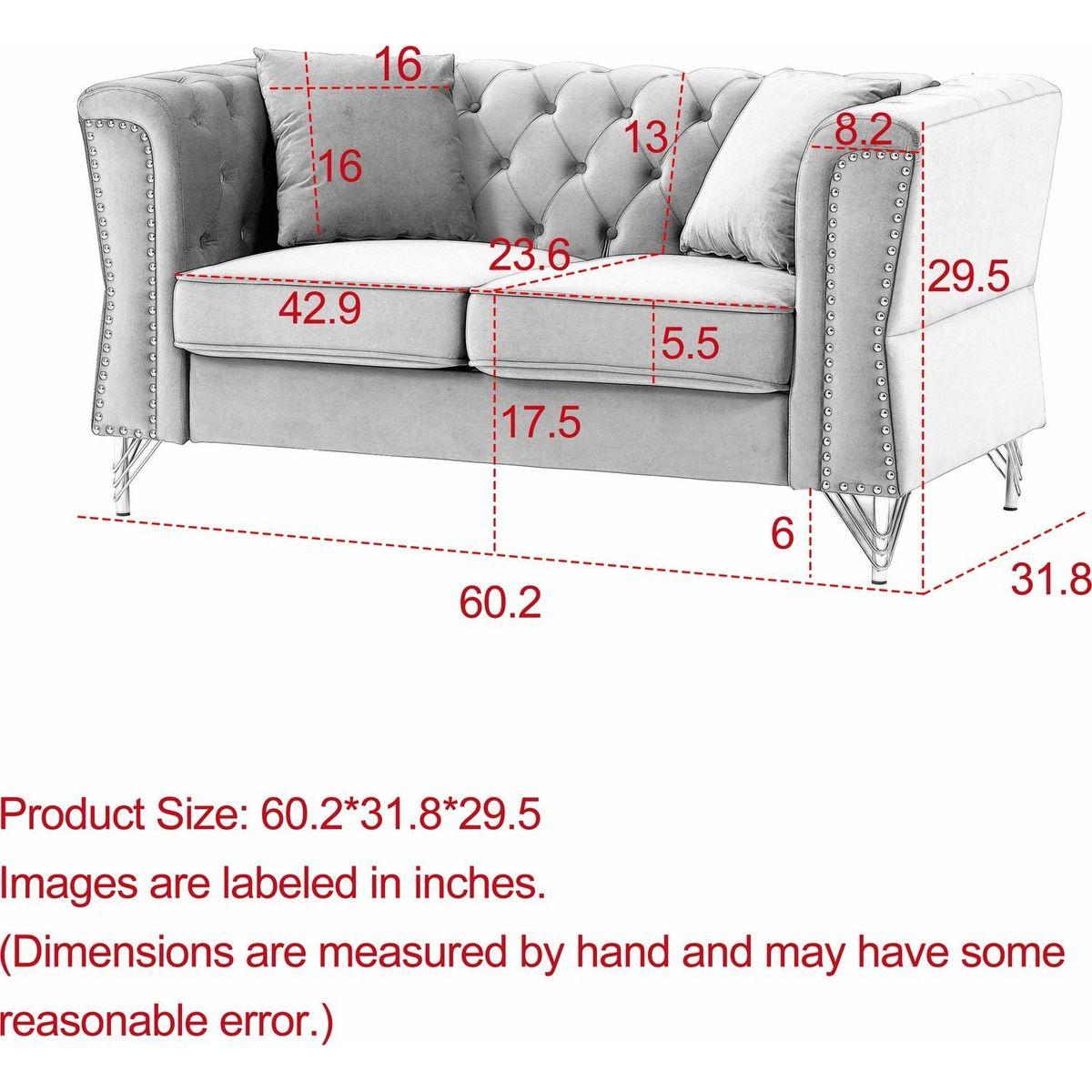 60.2" Chesterfield Sofa Beige Velvet for Living Room, 2 Seater Sofa Tufted Couch with Metal Foot and Nailhead for Living Room, Bedroom, Office, Apartment, two pillows