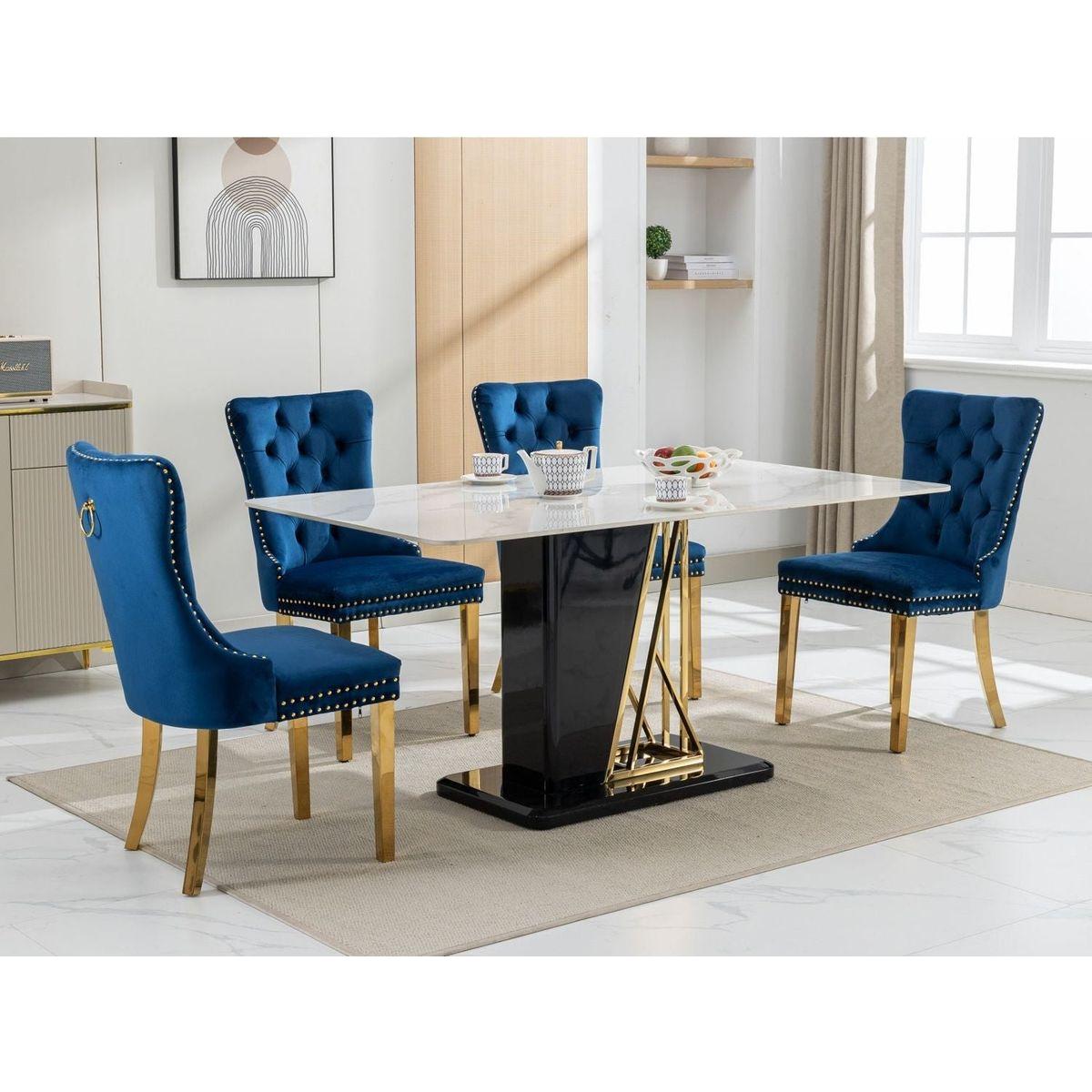 Nikki Collection Modern, High-end Tufted Solid Wood Contemporary Velvet Upholstered Dining Chair with Golden Stainless Steel Plating Legs,Nailhead Trim,Set of 2,Blue and Gold