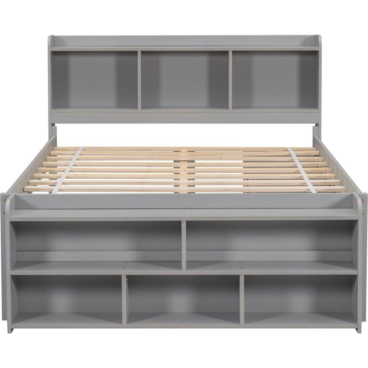 Full Bed with Bookcase Headboard, Under bed Storage Drawers and Bed End Storage Case,Grey