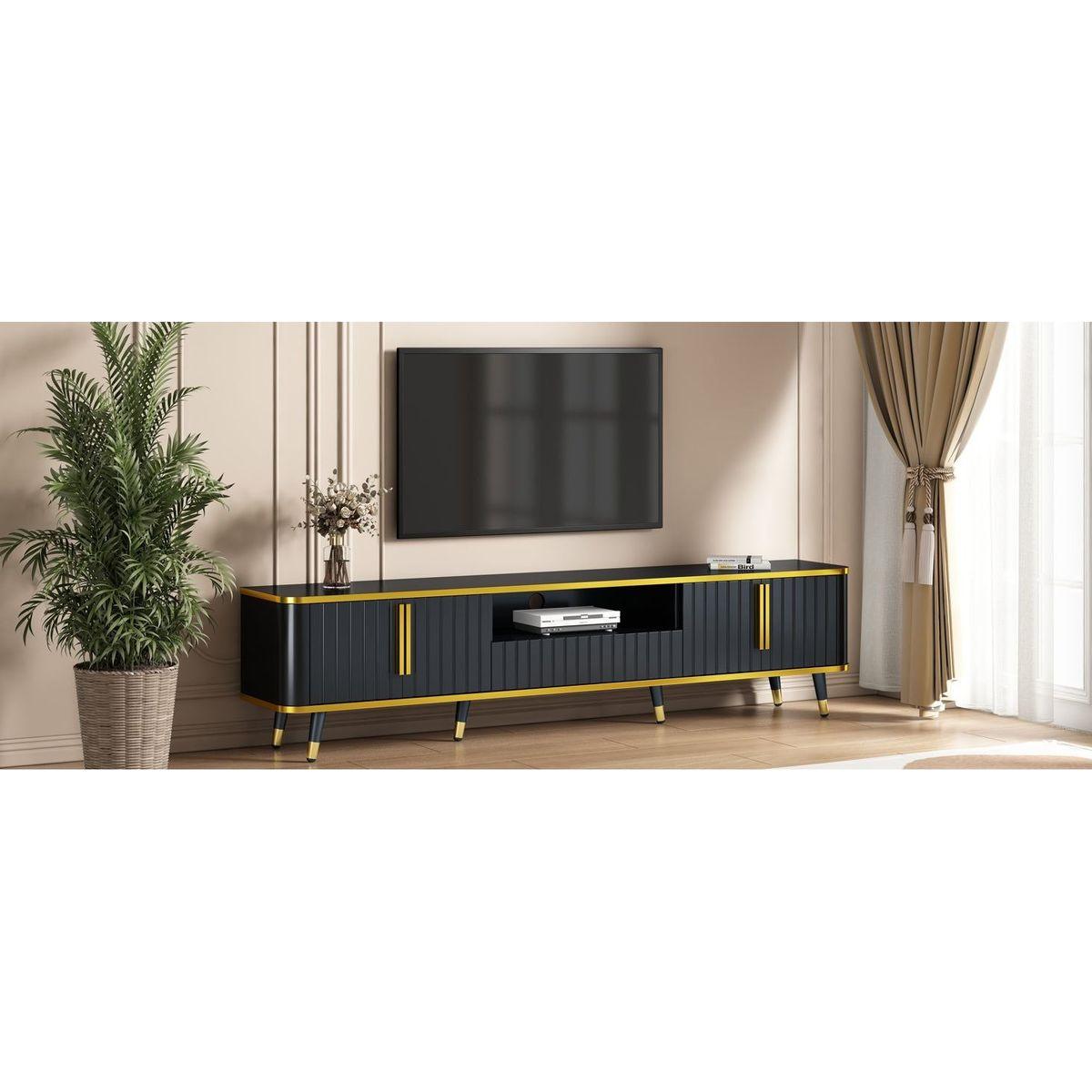 Luxury Minimalism TV Stand with Open Storage Shelf for TVs Up to 85", Entertainment Center with Cabinets and Drawers, Practical Media Console with Unique Legs for Living Room, Black