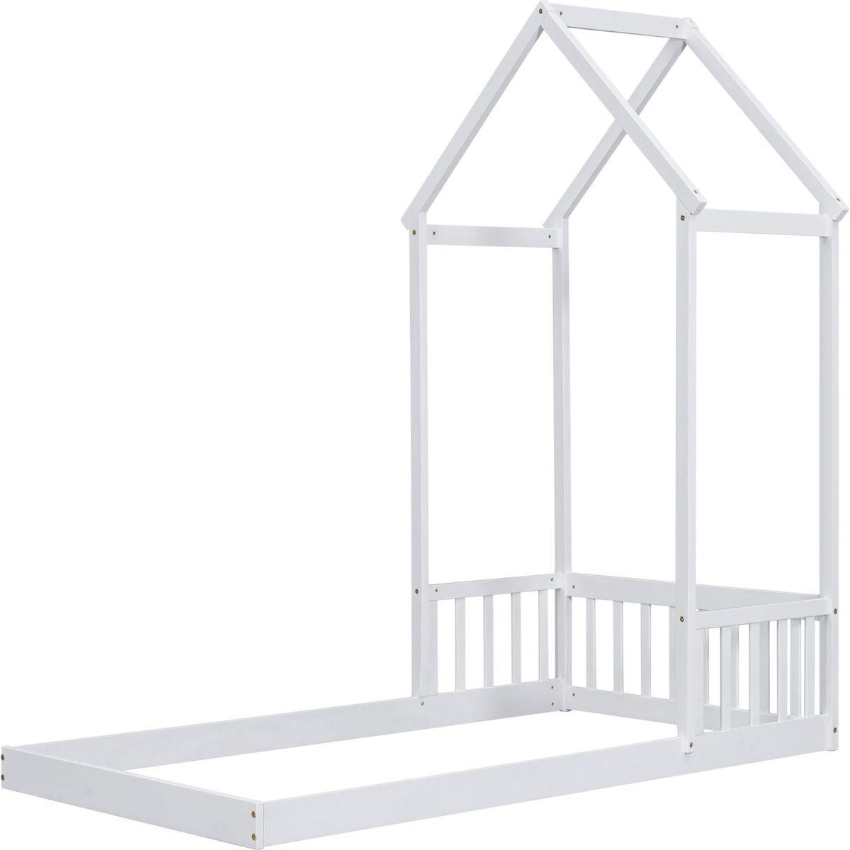 Twin House-shaped Roof Headboard Floor Bed,,(without slats),White