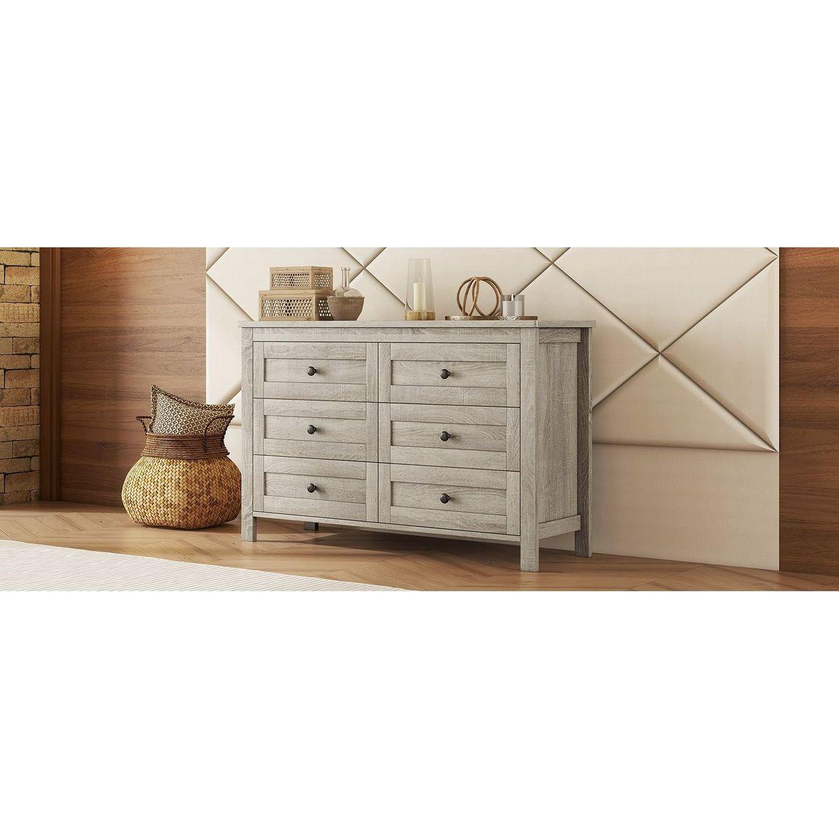 Retro Farmhouse Style Wooden Dresser with 6 Drawer, Storage Cabinet for Bedroom, Anitque Gray