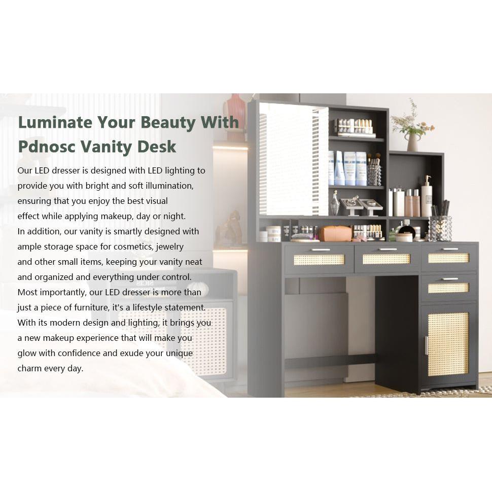 Makeup Vanity with Lights in 3 Colors & Openable Mirror, Vanity Desk with 4 Drawers & 1 Cabinets & Shelves, Vanity Table Rattan Vanity Dresser, for Bedroom