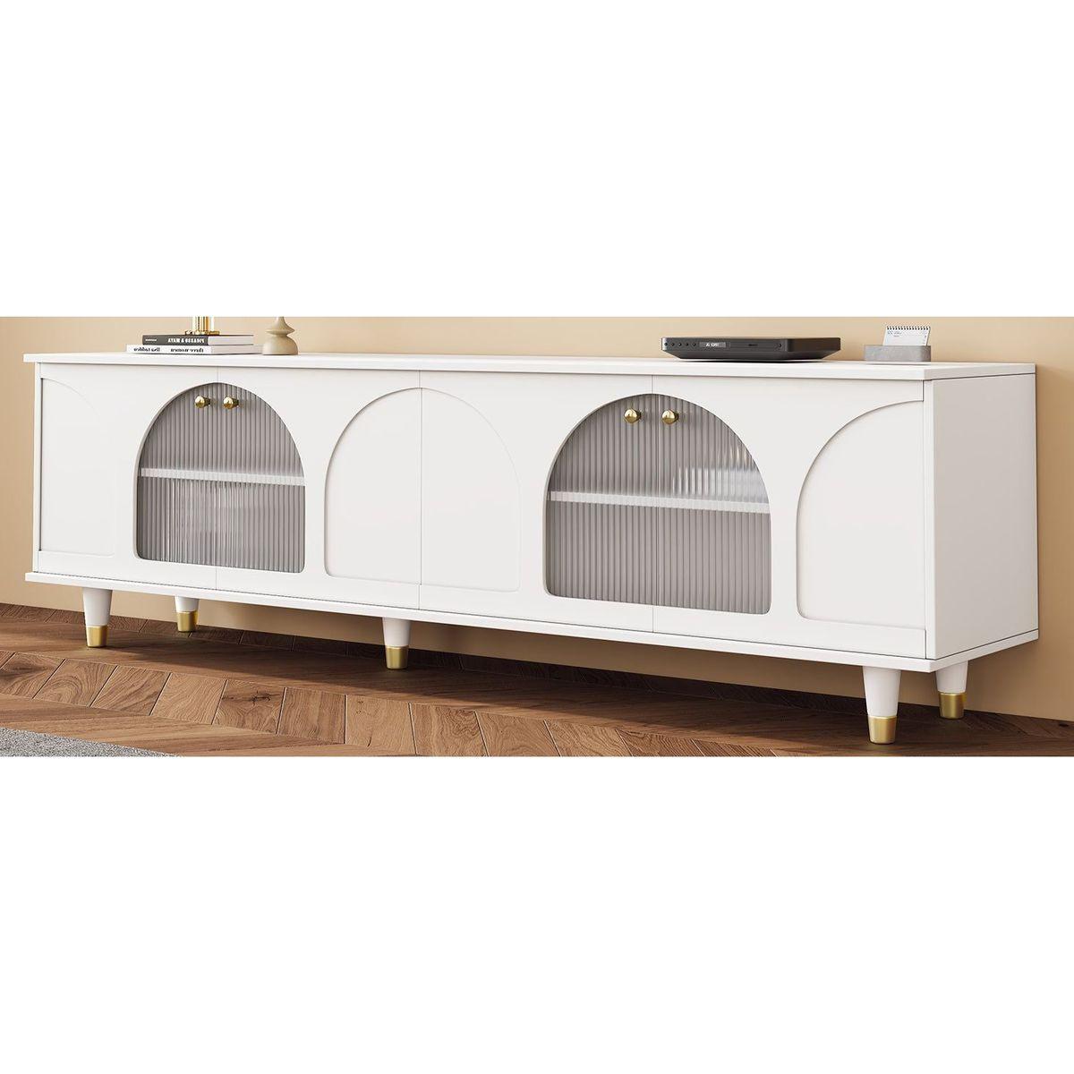 Contemporary TV Stand with Adjustable Shelves for TVs Up to 78", Stylish Media Console with Gold Handles and Arch Fluted Glass Doors, Delicate Entertainment Center for Living Room, White