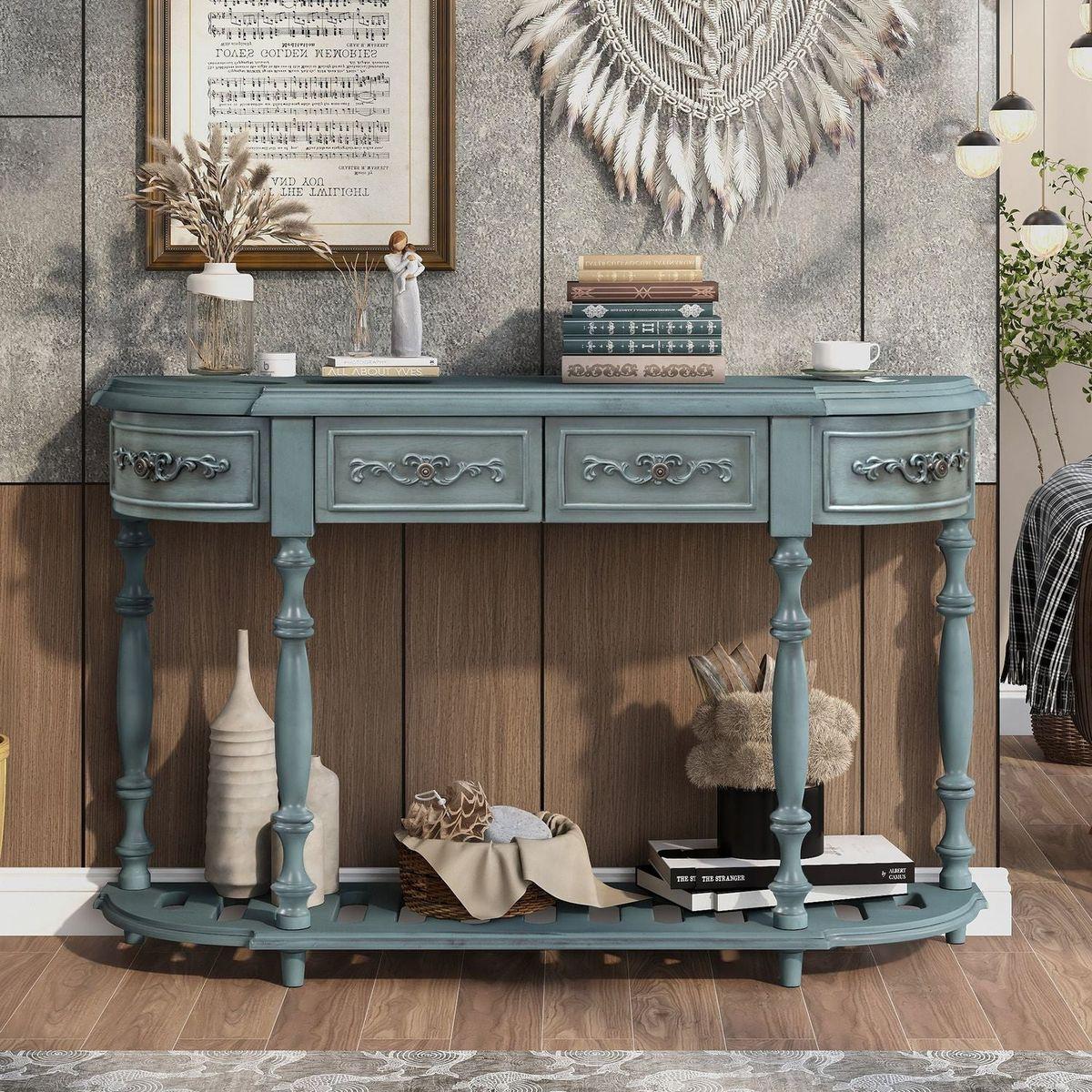 52"Modern and Contemporary Curved Console Table Sofa Table Entryway Table for Hallway Living Room with 4 Drawers and 1 Shelf