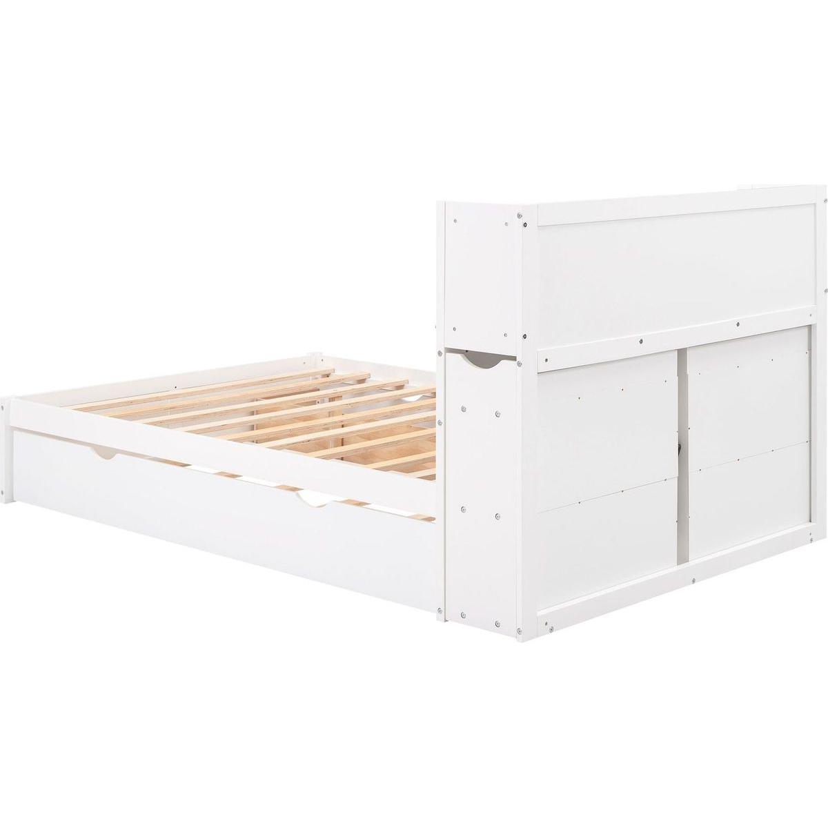 Full Size Storage Platform Bed with Pull Out Shelves, Twin Size Trundle and 2 Drawers, White