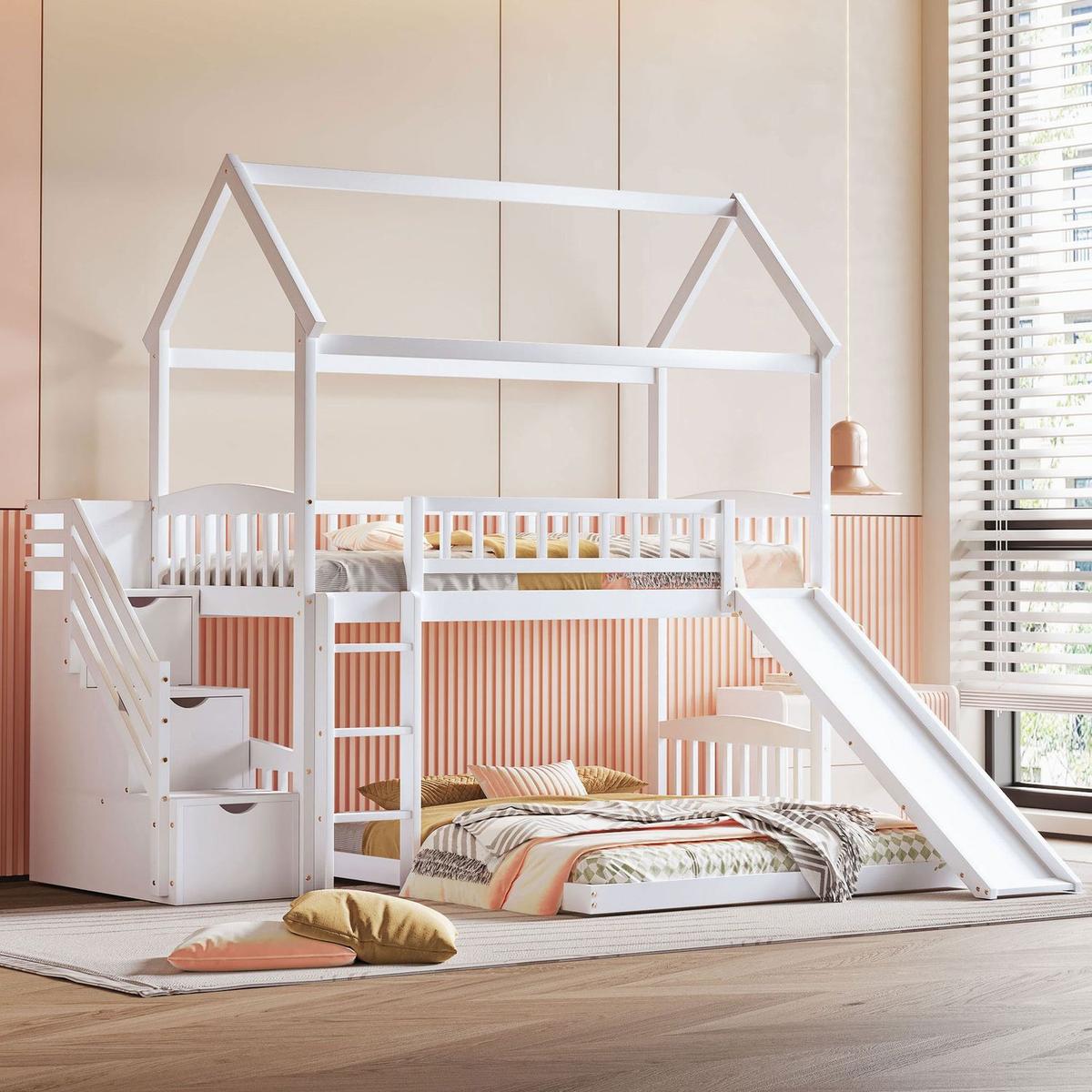 Twin Over Twin Bunk Bed with Two Drawers and Slide, House Bed with Slide, White