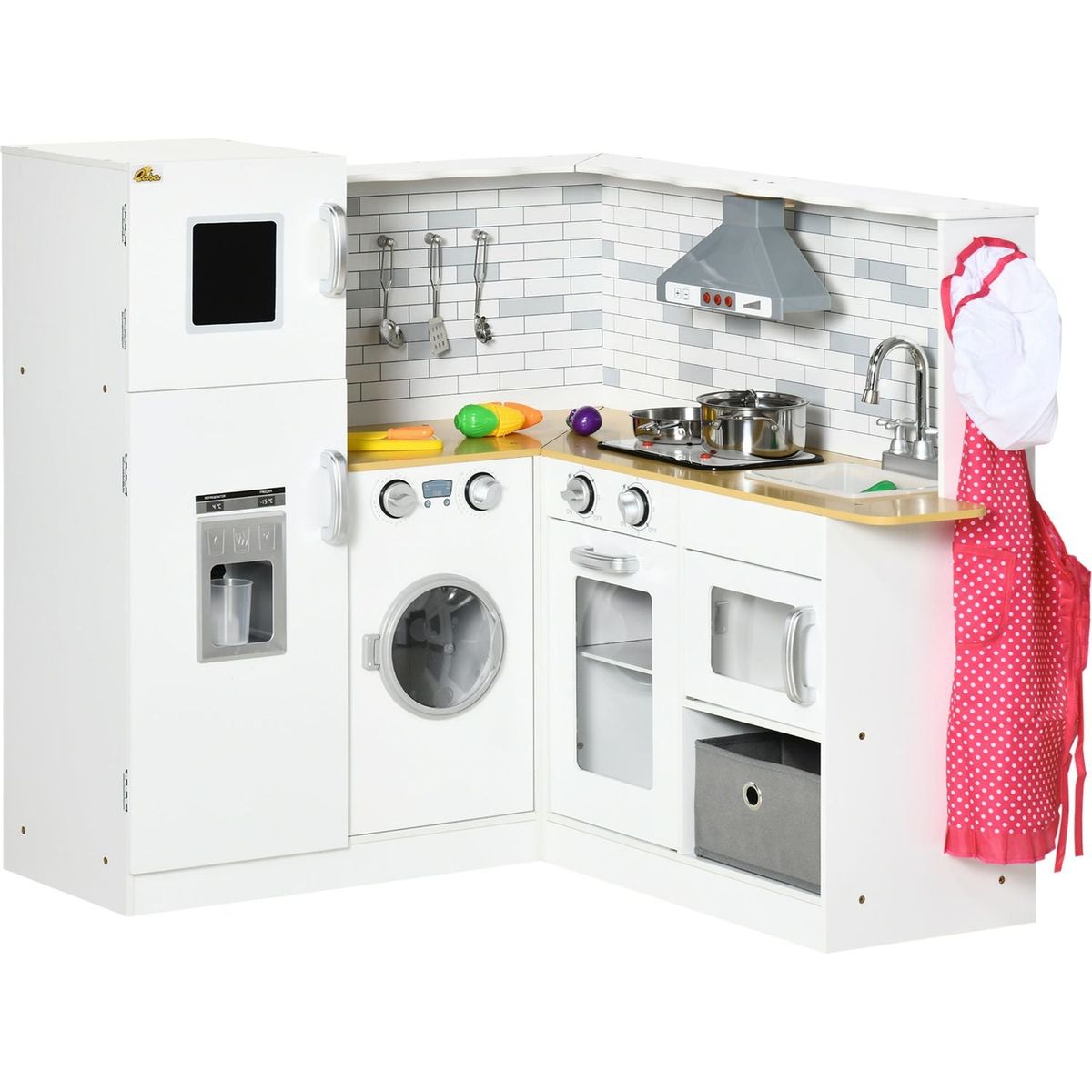 Qaba Corner Play Kitchen Set with Sound Effects and Tons of Countertop Space, Large Wooden Kitchen with Washing Machine, Food Toys, Ice Maker, Kids Kitchen, Ages 3-6, White
