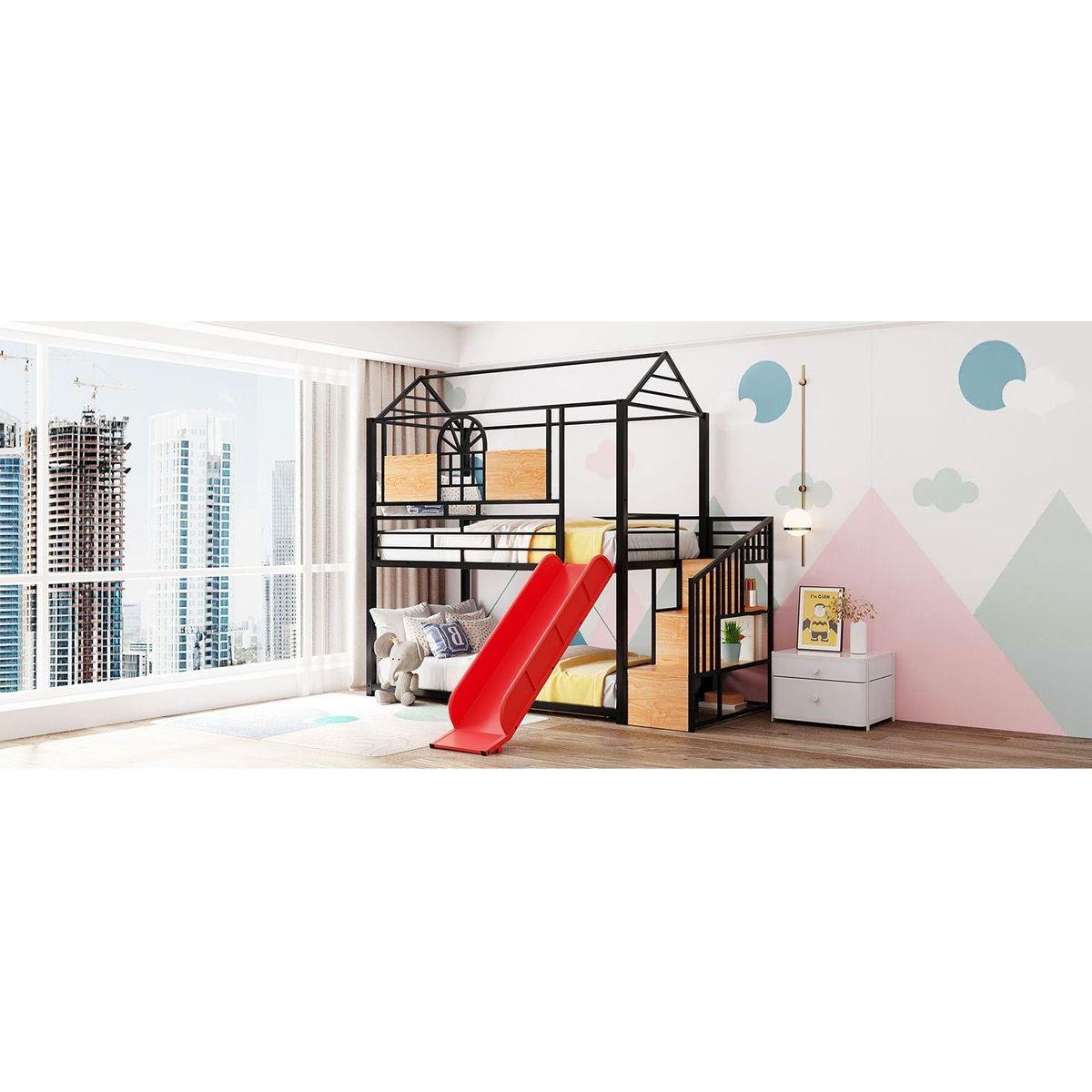 Twin Over Twin Metal Bunk Bed, Metal Housebed with Slide and Storage Stair, Black with Red Slide