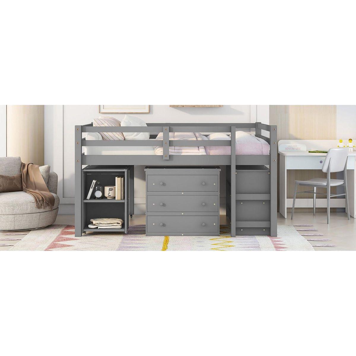 Low Study Full Loft Bed with Cabinet, Shelves and Rolling Portable Desk, Multiple Functions Bed- Gray