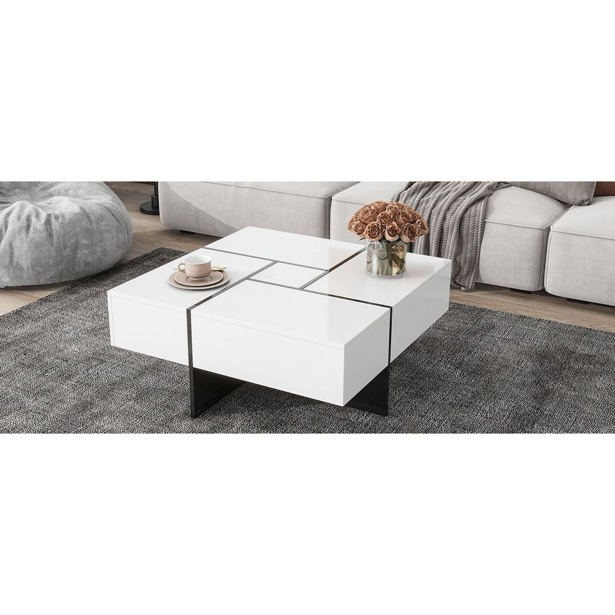 Unique Design Coffee Table with 4 Hidden Storage Compartments, Square Cocktail Table with Extendable Sliding Tabletop, UV High-gloss Design Center Table for Living Room, 31.5"x 31.5"