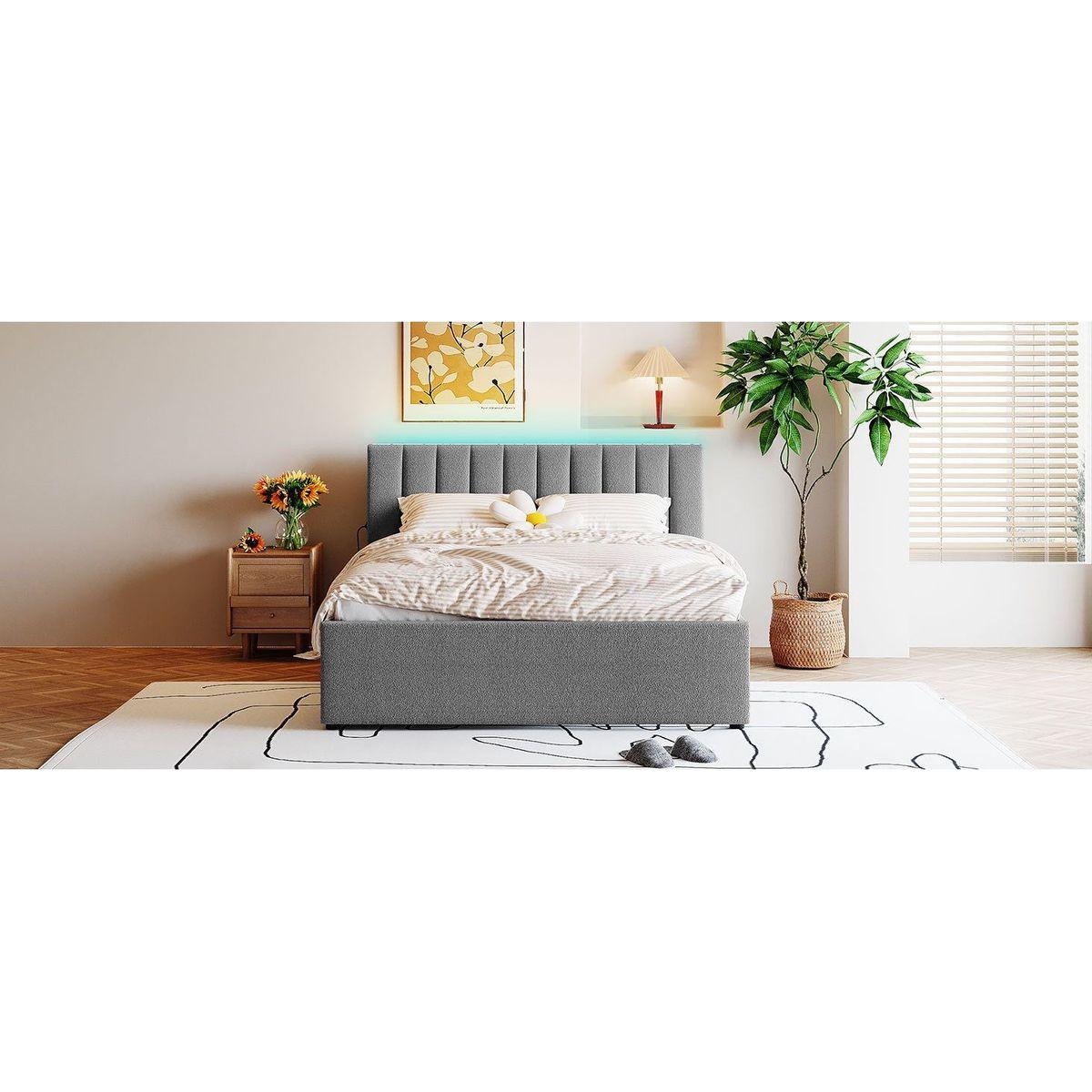 Teddy Fleece Queen Size Upholstered Platform Bed with Trundle, Gray