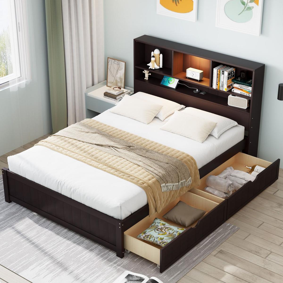 Twin Size Wood Platform Bed with Bookcase Headboard, Built-in Downlight, Charging Station, and 2 Side Drawers, Expresso - Streamdale Furniture