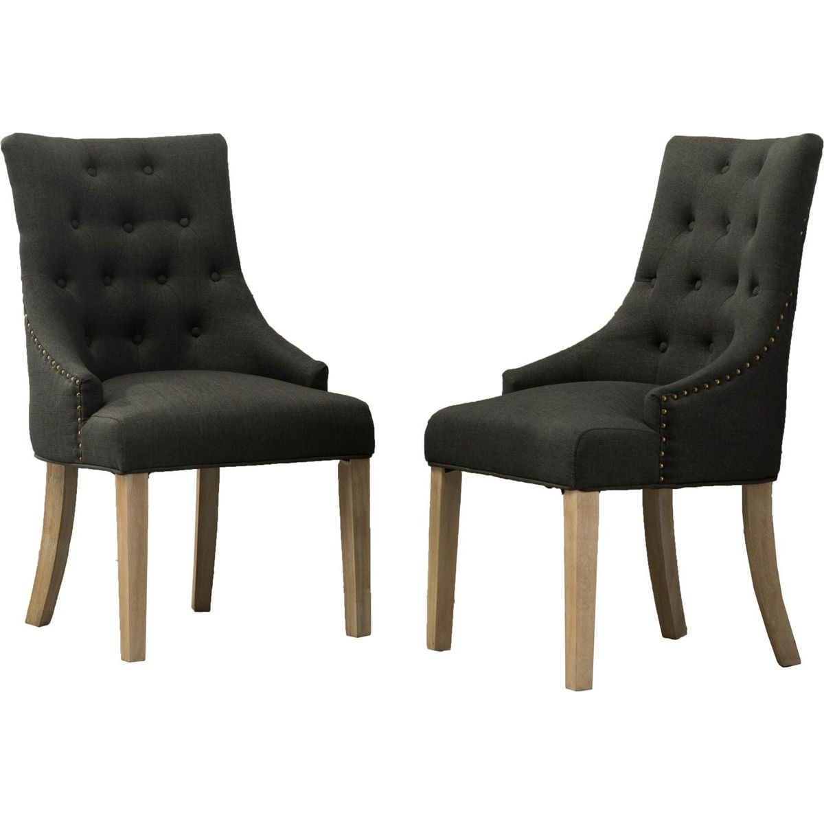 Charcoal Button Tufted Solid Wood Wingback Hostess Chairs with Nail Heads Set of 2