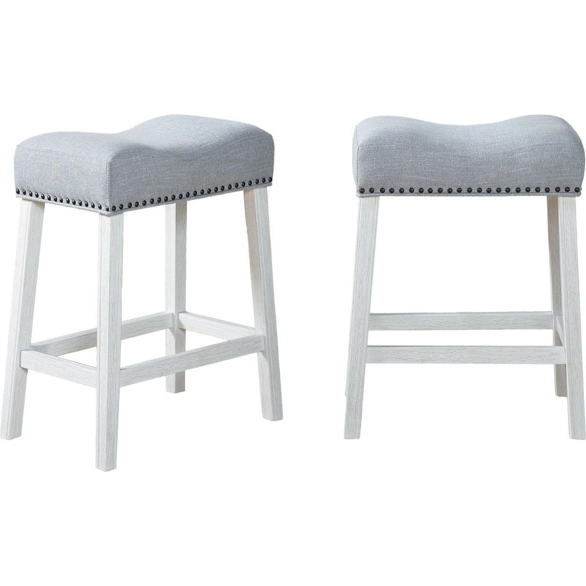 CoCo Upholstered Counter Height Stools - Saddle Seat, White-Washed Finish, Gray Fabric, Set of 2