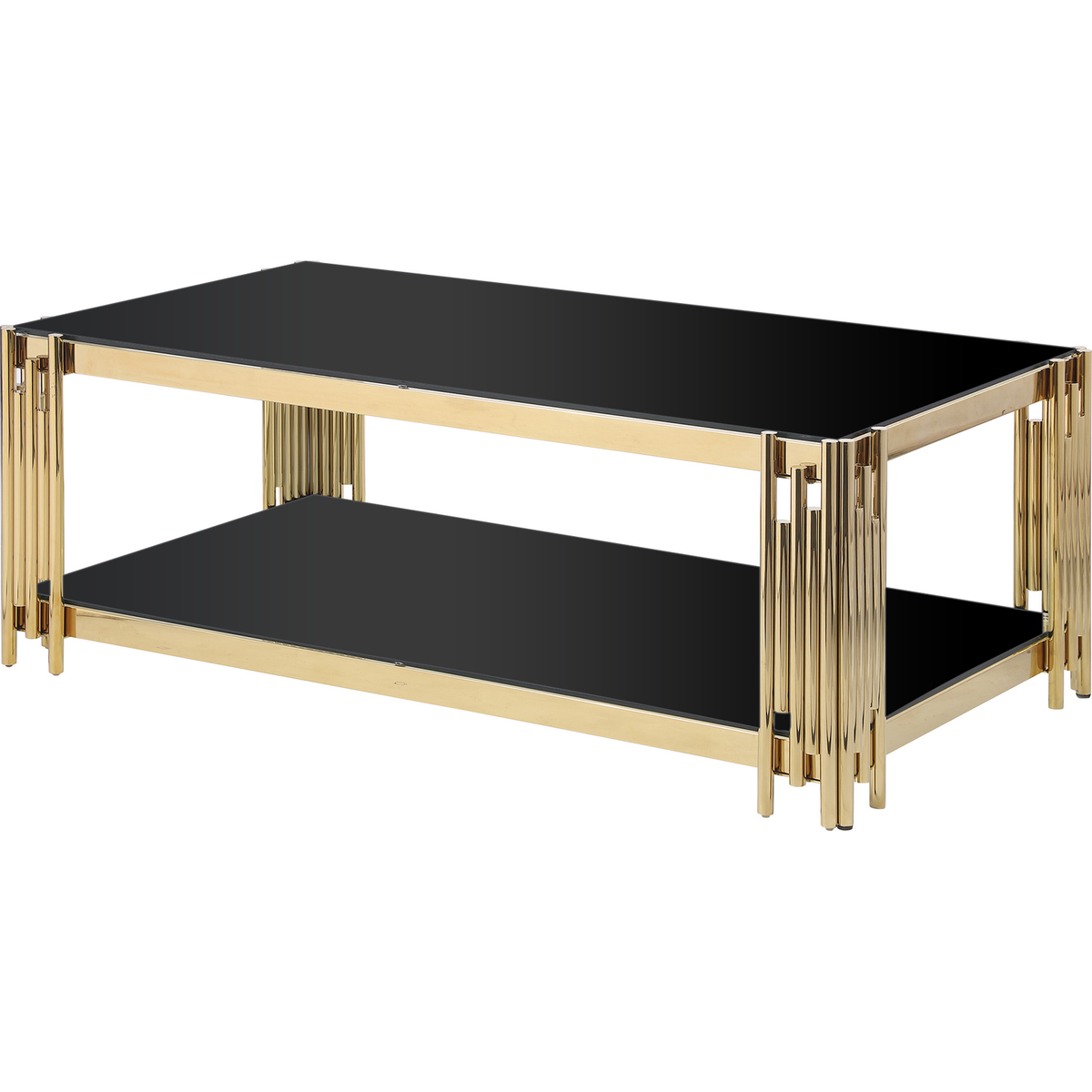 Woker Furniture 48" Wide Rectangular Coffee Table with Black Tempered Glass Top, Golden Stainless Steel Double-Layer Coffee Table for Living Room