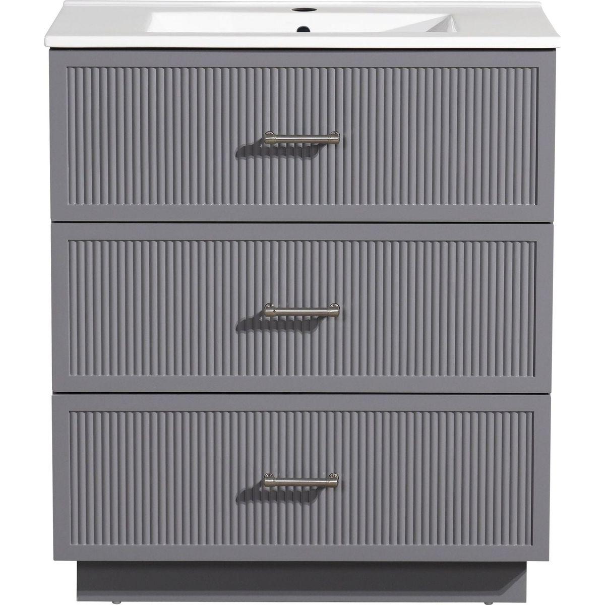 30 Inch Bathroom Vanity with Ceramic Sink Combo Set, Modern Freestanding Bathroom Storage Cabinet with 2 Drawers, Floor Standing Bath Vanity, Gray
