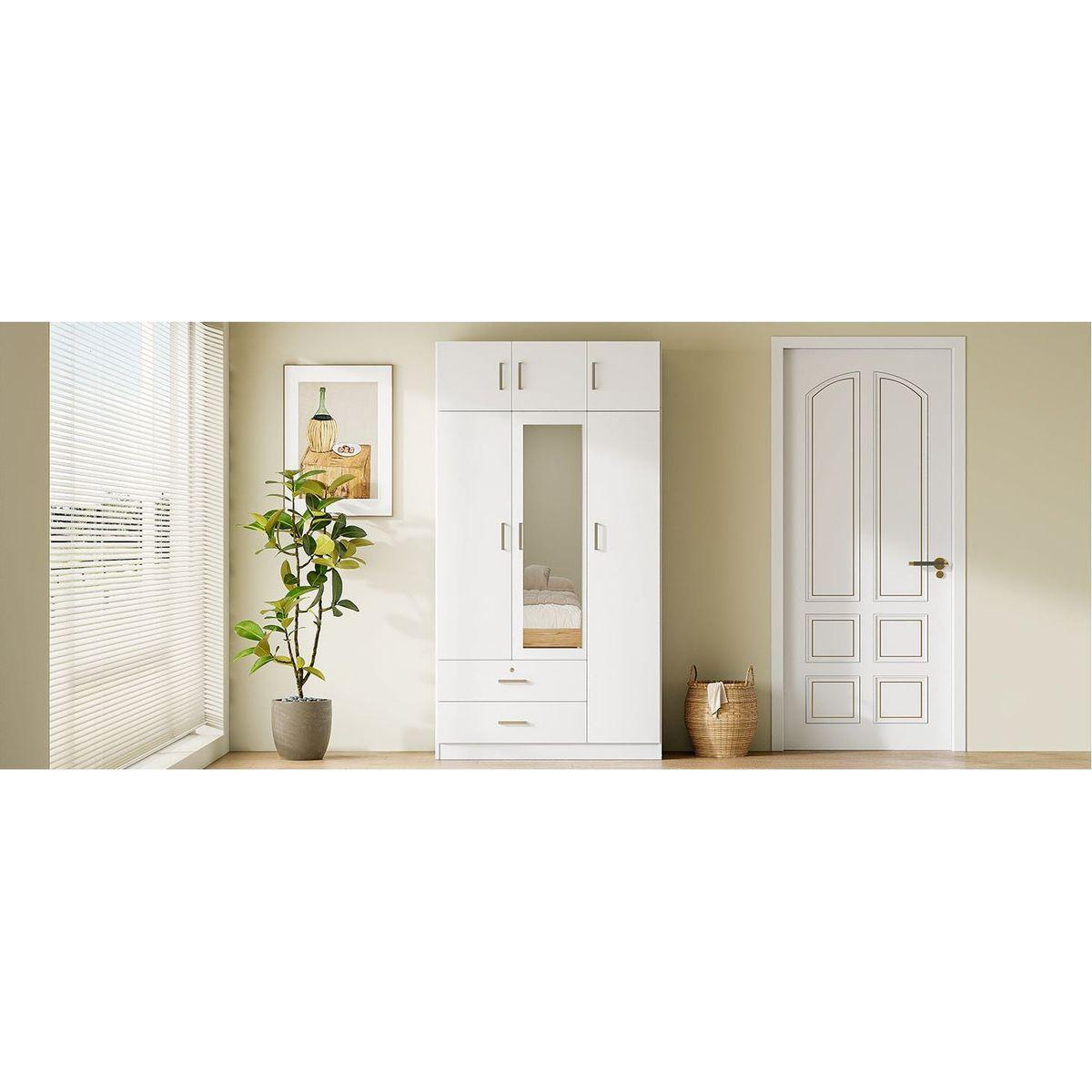 3-Door Mirror Wardrobe with 2 Drawers and Top Cabinet,White