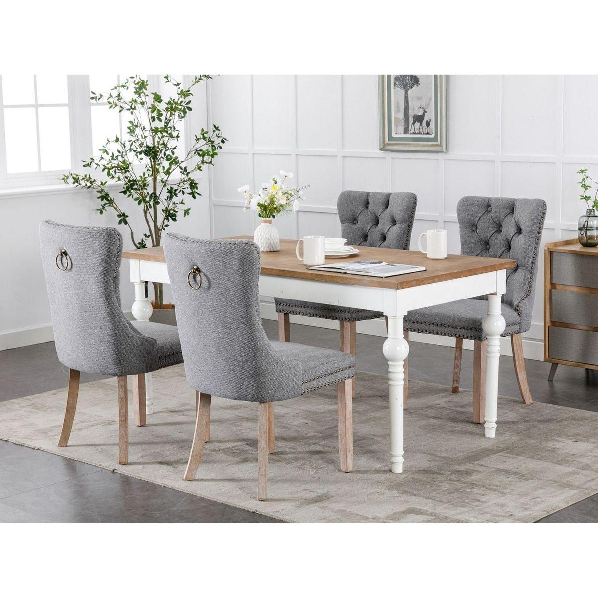 Nikki Collection Modern, High-end Tufted Solid Wood Contemporary Flax Upholstered Linen Dining Chair with Wood Legs Nailhead Trim 2-Pcs Set,Gray