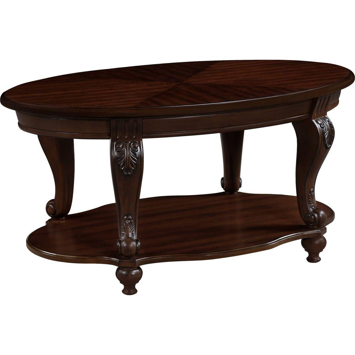 42" oval wood coffee table for Living Room, 2-Tier Solid Wood Cocktail Table with Open Storage Shelf, Easy Assembly, Cherry